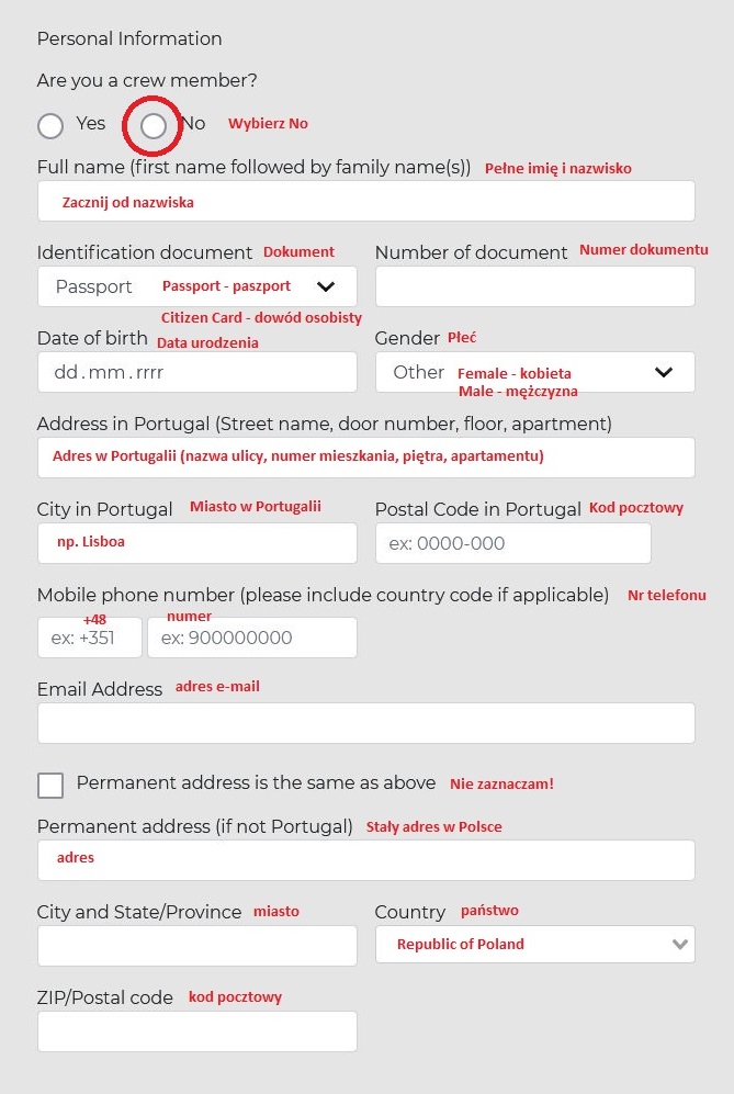 Formularz lokalizacyjny Portugalia - instrukcja krok po kroku