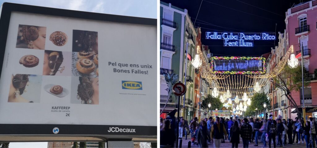Reklama IKEA nawiÄ…zujÄ…ca do Las Fallas oraz ulica przystrojona na festiwal